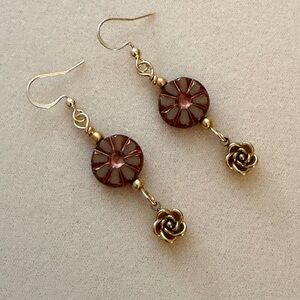 New Maroon With Copper Wash Czech Glass Bead & Gold Rose Dangle Earrings